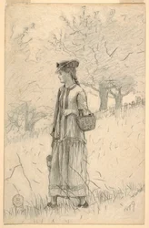 Dibujo, Joven caminando por el campo, 1879