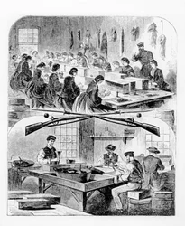 Llenando cartuchos en el arsenal de Watertown, Massachusetts, 1860s