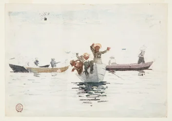 Cuatro botes de remos con niños