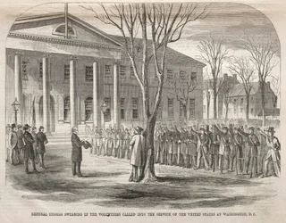 El General Thomas juramentando a los voluntarios llamados al servicio de los Estados Unidos..., 1861