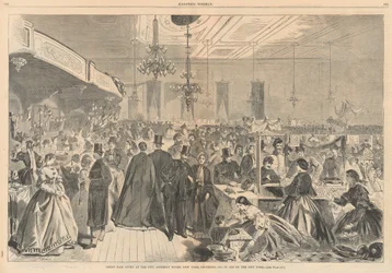 Gran feria dada en los salones de actos de la ciudad, Nueva York, diciembre de 1861, en ayuda de los pobres de la ciudad; de Harper
