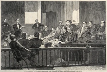 Jurados escuchando al abogado, Corte Suprema, Nuevo Ayuntamiento, Nueva York, 1869