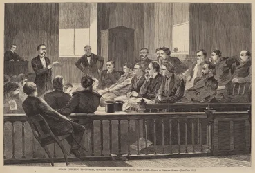 Jurados escuchando al abogado, Corte Suprema, New City Hall, Nueva York