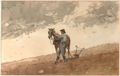 Hombre con caballo arado