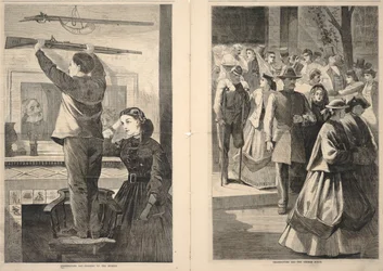 Thanksgiving Day--Hanging up the Musket/Día de Acción de Gracias--The Church Porch, del Frank Leslie
