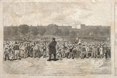El Cuatro de Julio en Tompkins Square, Nueva York - Los soldados están llegando, 1868