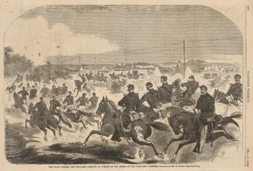La caballería y la artillería de la Unión comenzando en persecución de los rebeldes por la autopista de peaje de Yorktown, de Harper