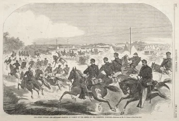 La Caballería y la Artillería de la Unión comienzan a perseguir a los Rebeldes por la carretera de Yorktown.