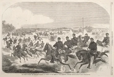 La caballería y artillería de la Unión comenzando la persecución de los rebeldes por el Yorktown Turnpike, 1862