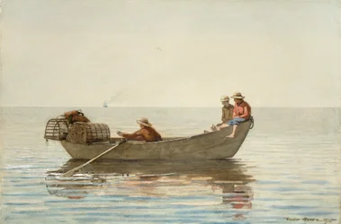 Tres chicos en un Dory con nasas de langosta