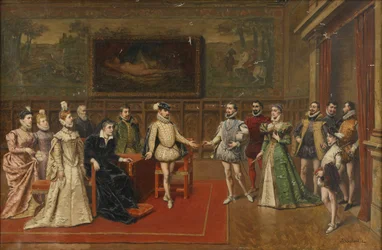 Catalina de Médici se encuentra con sus hijos Carlos IX y Enrique III