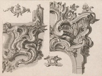 Sugerencia para la decoración de la parte inferior derecha y superior derecha de un marco de altar, Impreso ca. 1750-56