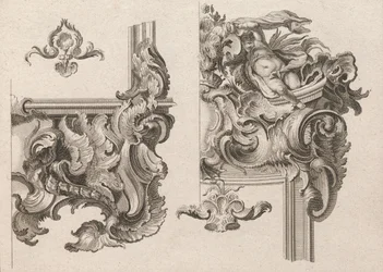 Sugerencia para la decoración de la parte inferior derecha y superior derecha de un marco de altar..., Impreso ca. 1750-56.