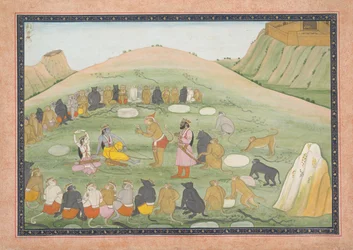 Hanuman revive a Rama y Lakshmana con hierbas medicinales: folio ilustrado, ca. 1790