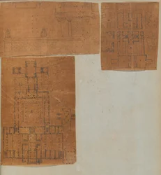 Página de un álbum de recortes que contiene dibujos y varias impresiones de arquitectura