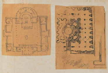 Página de un álbum de recortes que contiene dibujos y varias impresiones de arquitectura, Int..., ca. 1800-1850. Creadores: Taller de Charles Percier, Taller de Pierre François Léonard Fontaine