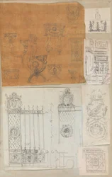 Página de un álbum de recortes que contiene dibujos y varias impresiones de arquitectura