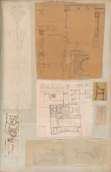 Página de un álbum de recortes que contiene dibujos y varias impresiones de arquitectura, ca. 1800-1850