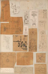 Página de un álbum de recortes que contiene dibujos y varias impresiones de arquitectura, ca. 1800-1850. Creadores: Taller de Charles Percier, Taller de Pierre François Léonard Fontaine