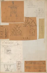 Página de un álbum de recortes que contiene dibujos y varias impresiones de arquitectura, Int..., ca. 1800-1850. Creadores: Taller de Charles Percier, Taller de Pierre François Léonard Fontaine