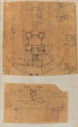 Página de un álbum de recortes con dibujos y varias impresiones de arquitectura