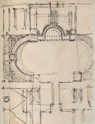 Página de un álbum de recortes que contiene dibujos y varias impresiones de arquitectura