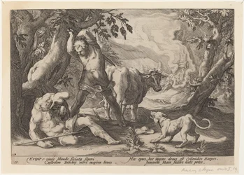 Paisaje con Mercurio levantando su espada para matar a un Argos dormido