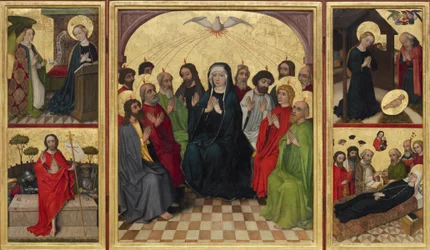 Retablo del Espíritu Santo abierto. Pentecostés, Anunciación, Natividad, Resurrección de Cristo y Muerte de la Virgen, c. 1448