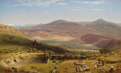 El anfiteatro de Tusculum y las montañas de Albano, Roma
