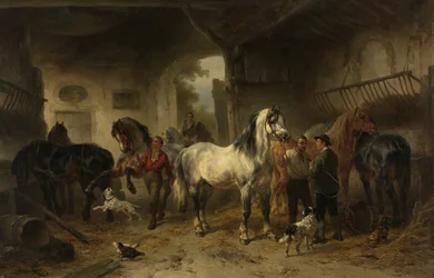 Interior de un establo con caballos y figuras
