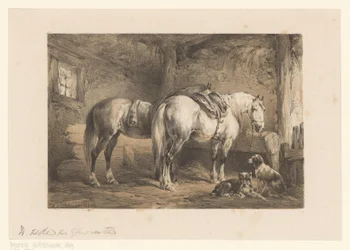 Dos caballos y perros en un establo