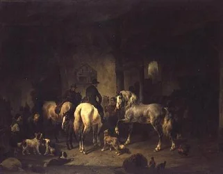 El interior de un establo con deportistas y otros animales