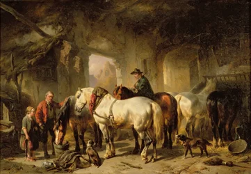 Caballos Alimentándose en el Establo