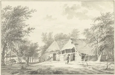 Paisaje con granja y mujer con cesta