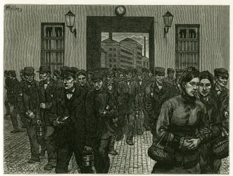 Salida de una fábrica en Gante. Ilustración de la historia “Bélgica”, en 1888, por Camille Lemonnier (1844-1913), crítico de arte y escritor. Publicado en Le tour du monde, 2º semestre 1883, editado por Edouard Charton (1807-1890)