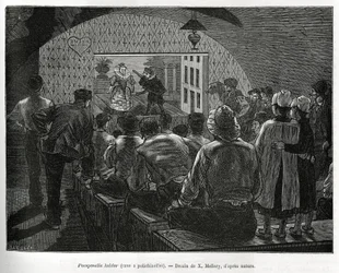 Sótano de Polichinelas, un sótano diseñado para espectáculos de marionetas. Ilustración de la historia de Bélgica, por Camille Lemonnier, publicado en Le tour du monde, editado por Edouard Charton (1807-1890)