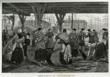 Desalación de las pieles, por mujeres raspando los restos de las bestias estiradas bajo las estructuras de los salones del puerto de Amberes. Grabado por X.Mellery, para ilustrar la historia de Bélgica, por Camille Lemonnier, publicado en el Tour du monde,