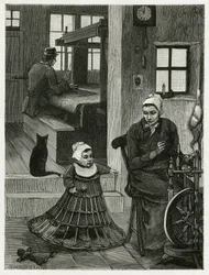 Interior de la vivienda y taller del tejedor, con el tejedor y la rueda, así como un niño con una falda de mimbre que le ayuda a dar sus primeros pasos. Ilustración de la historia “La Belgique”, por Camille Lemonnier (1844-1913)