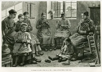 El trenzado de paja en Sluze. Grabado de Xavier Mellery para ilustrar la historia La Bélgica, por Camille Lemonnier, en Le Tour du monde 1886, dirigido por Edouard Charton (1807-1890), Hachette, París.