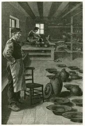 El alfarero de Terneuzen, en su taller, lleno de jarrones y platos, cerca de la ventana, el alfarero trabaja la arcilla en el arnés y su aprendiz, abajo, trabaja el torno. Ilustración de la historia “Bélgica”, en 1888, por Camille Lemonnier (1844-1913)