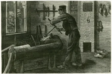 El saboteador de Terneuzen, tiene su establecimiento, agranda y excava la madera mediante cramms. Grabado por X. Mellery, después de la naturaleza, para ilustrar la historia "Bélgica", en 1888, por Camille Lemonnier (1844-1913), crítico de arte y escritor.