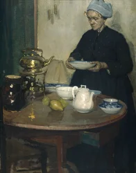 Mujer en la mesa de café (óleo sobre lienzo)