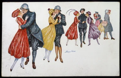 Militares y sus prometidas, madrinas o amigas - ilustración de Xavier Sager (1870-1930) postal, c.1915