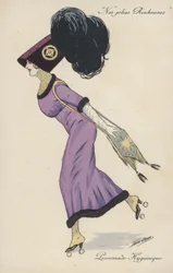Niña bonita, vestida extravagantemente, patinando sobre ruedas