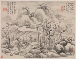 Paisaje nevado, del Álbum para Zhou Lianggong, fechable en 1645-55 (hoja doble de un álbum colectivo de doce pinturas y páginas enfrentadas de caligrafía; tinta sobre papel)
