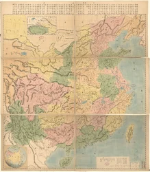 2,200,000. Muestra las divisiones administrativas del Imperio Qing. También muestra las costas y un área entre las partes orientales del paso de Jiayuguan y el Tíbet. suministrado. Coloreado a mano. Relieve mostrado por hachures y sombreado. Impresión esta