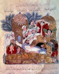 Escena funeraria en miniatura del "Maqamat" (Seances) de Abu Mohammed al-Kasim ibn Ali Hariri (1054-1122) iluminado por Yahya Mahmud al-Wasiti en 1237 París, B.N.