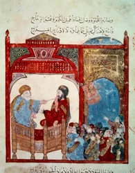 El navegante errante Abu-Zayd. Miniatura del "Maqamat" (Seances) de Abu Mohammed al-Kasim ibn Ali Hariri iluminada por Yahya Mahmud al-Wasiti en 1237, París, B.N.