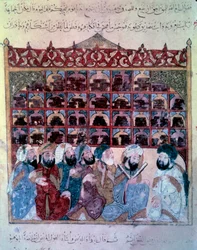 El navegante vagabundo Abu-Zayd dando un discurso en la biblioteca de Basora. Miniatura del Maqamat (Seances) de Abu Mohammed al-Kasim ibn Ali Hariri (1054-1122) iluminada por Yahya Mahmud al-Wasiti