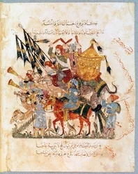 Caravana de peregrinos viajando a La Meca Miniatura del “Maqamat” (Sesiones) de Abu Mohammed al-Kasim ibn Ali Hariri (o Al-Hariri o Al Hariri) (1054-1122) iluminada por Yahya Mahmud al-Wasiti (al Wasiti) en 1237, París, B.N.